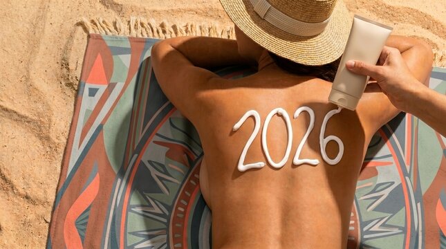 Aplica&ccedil;&atilde;o de protetor solar em forma de "2026" nas costas de uma pessoa na praia
