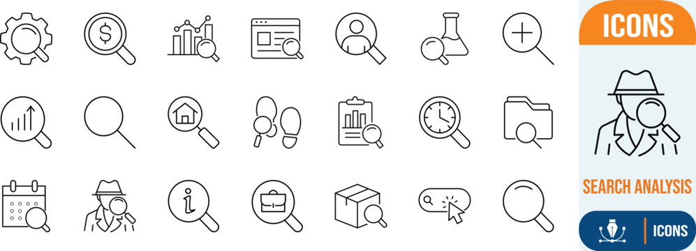Search analysis discovery outline icons. chart icon set, user icon set, dollar icon set