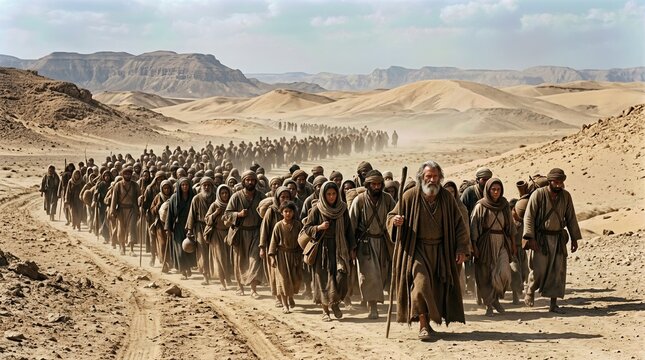 Biblical exodus passage: Moses lead, Israelite people, desert journey, wilderness trek, prophetic figure, Divine guidance, religious faith, theology concept, ancient destiny.