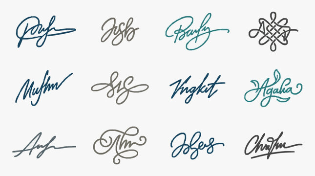 Collection of Stylized Handwritten Signatures and Calligraphy.