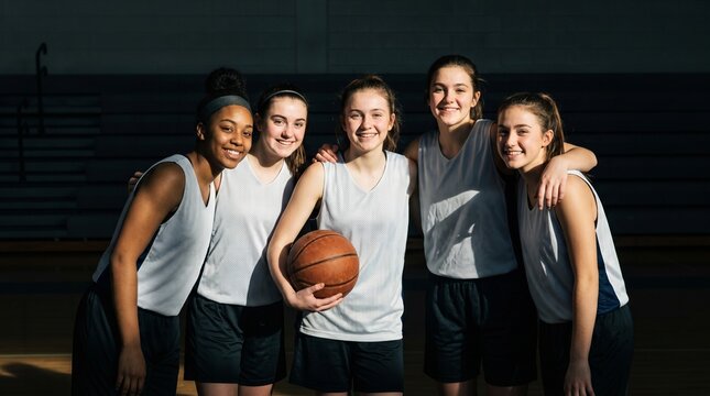 Grupo de jovens jogadoras de basquete sorrindo na quadra