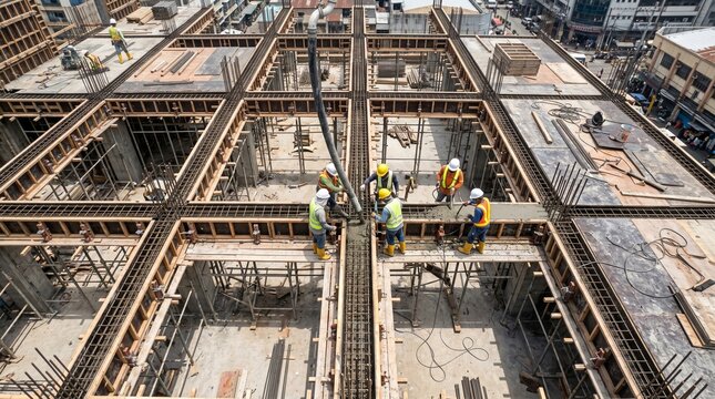 Trabalhadores da constru&ccedil;&atilde;o despejando concreto em uma estrutura