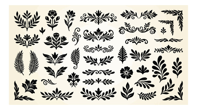 Vintage floral ornaments and decorative dividers, black botanical vector elements set, elegant filigree borders and laurel wreaths for wedding stationery