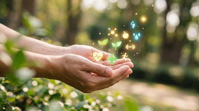 M&atilde;os em concha oferecendo &iacute;cones de sa&uacute;de e bem-estar em fundo natural