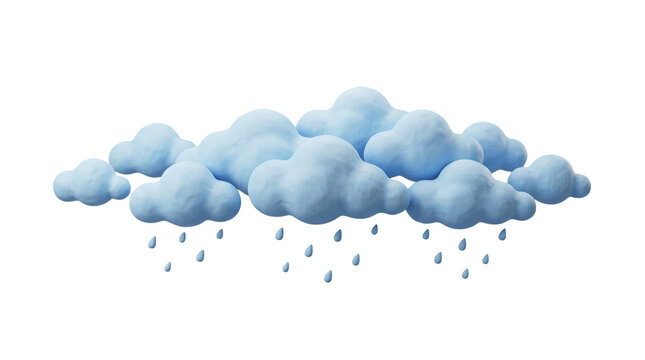 Three dimensional cartoon illustration of blue rainy clouds with falling water drops