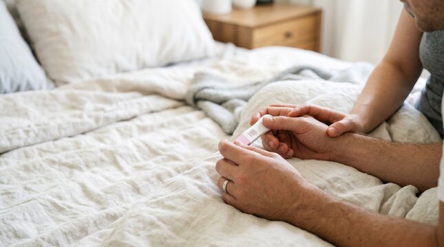 Casal de m&atilde;os dadas segurando teste de gravidez positivo na cama