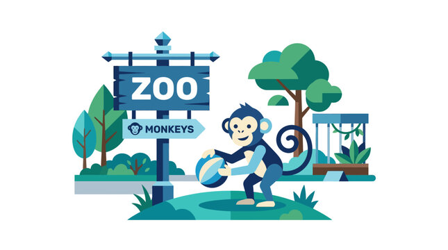 Playful Monkey Holding Ball in Zoo Environment, Flat Design Illustration