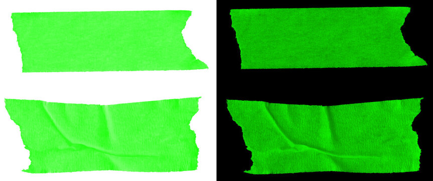 Neon green masking tape strips, torn adhesive paper pieces with wrinkled texture, bright lime gaffer tape set on white and black backgrounds