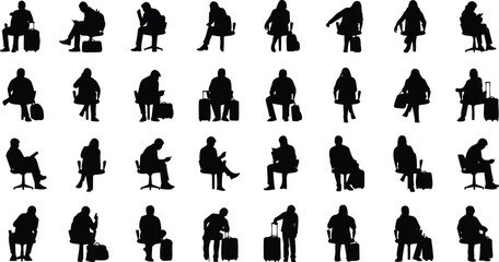 Obraz premium Travelers sit with luggage at the airport gate.