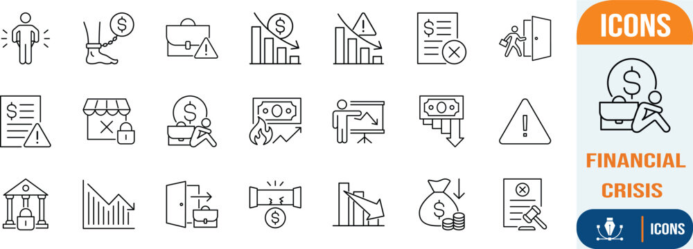 Financial crisis and bankruptcy outline icons. dollar sign icon set, bar chart icon set, briefcase icon set