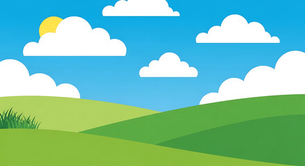 Fototapeta premium Cartoon flat illustration of a sunny day in the rolling green countryside with landscape background grassland environment