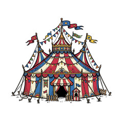 Obraz premium Ornate Circus Tent With Red White And Blue Striped Fabric, Multiple Spires, Colorful Star Flags, Golden Crown, Ticket Booth And Wooden Fence Entrance Vector Illustration