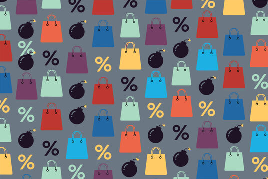 Repeating pattern on a dark background featuring colorful shopping bags, percentage symbols, and small bombs representing sales.