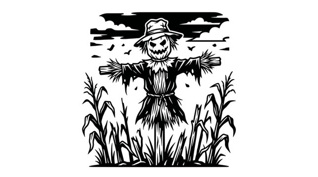 Scarecrow in a cornfield illustration.