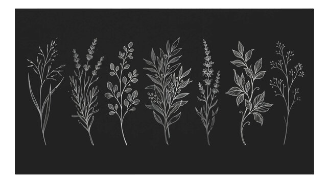 Chalkboard botanical sketches, white hand drawn floral branches on black background, set of 7 rustic wildflower line art vectors for wedding stationery