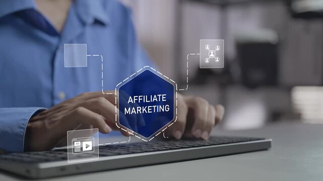 Affiliate marketing concept. Person typing keyboard with commission and digital marketing icons, partner promotion, online sales generation and performance based marketing.