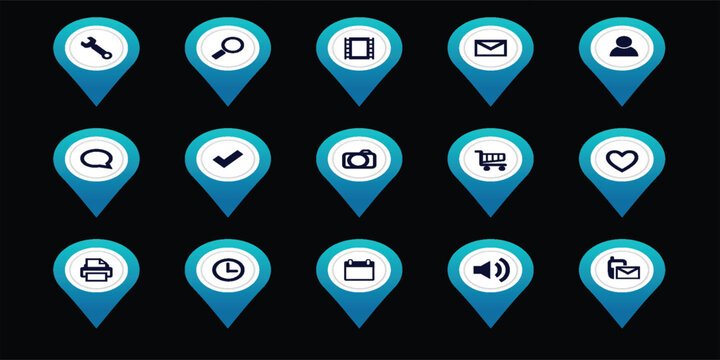 Web and business icons set inside blue map pointer pins on black background. Navigation and website UI vector elements.