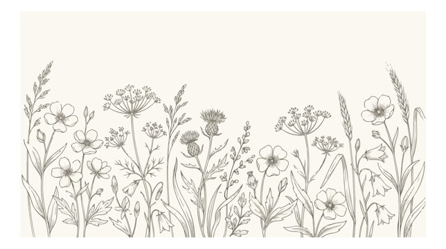 Vintage botanical wildflower border vector, hand drawn meadow flowers and wild grass line art, elegant floral horizontal frame for wedding stationery