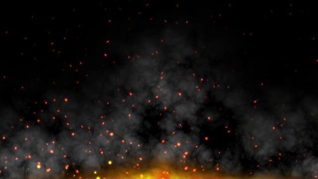 4K realistic fire sparks particle over flame with gray smoke upward fast overlay, perfect for visual effect and adding dramatic scenes.