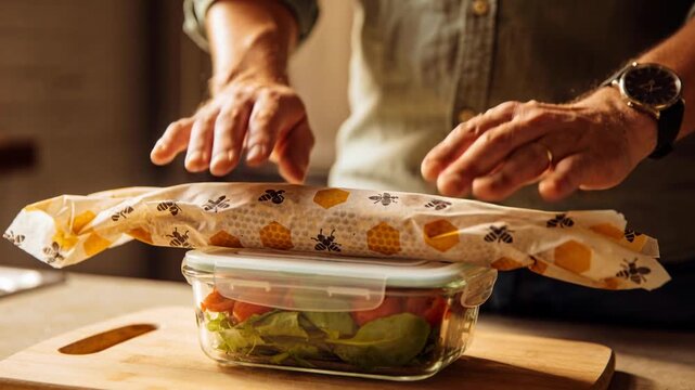 After preparing salad, man's hands covering glass container with beeswax wrap on kitchen counter