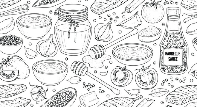 Vintage Barbecue Sauce Ingredients Pattern with Garlic Tomatoes Honey and Spices