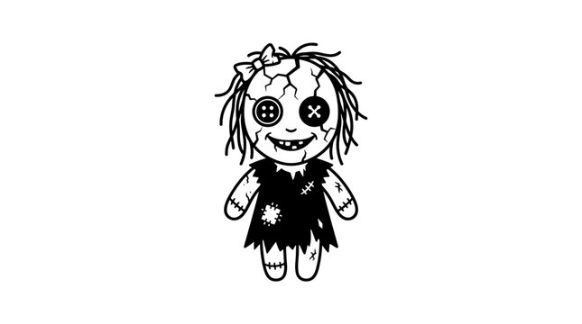 Creepy Voodoo Doll Illustration with Cracked Face and Torn Clothes.
