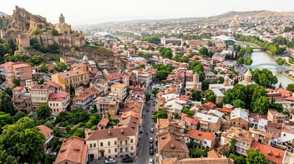 Fototapeta premium Aerial view of tbilisi, georgia, with narikala fortress and the kura river