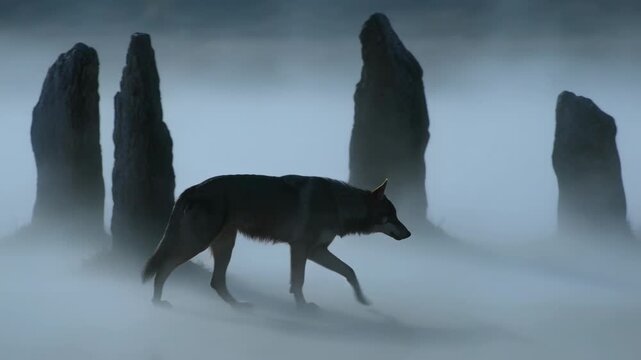 Emerging from fog, lone wolf walking across plain, sniffing ground for scent near rock pillars