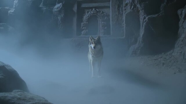 Emerging lone wolf from dark recess moving through mist in rocky cavern, revealing carved niche