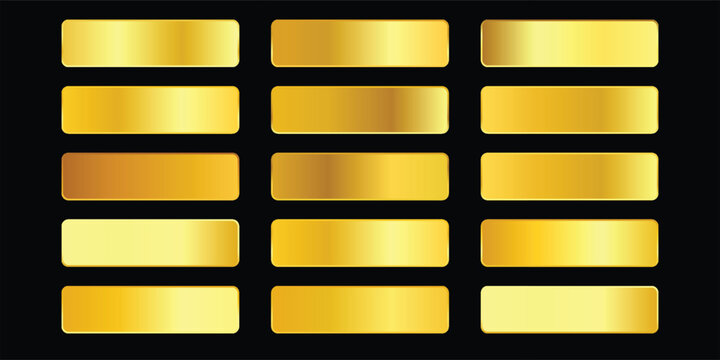 Gold gradient metal texture button or banner set on black background. Golden gloss metallic color palette web UI vector elements.