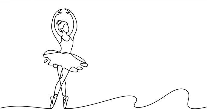 Single continuous line of a graceful ballerina in a tutu performing a classic dance pose on pointe shoes