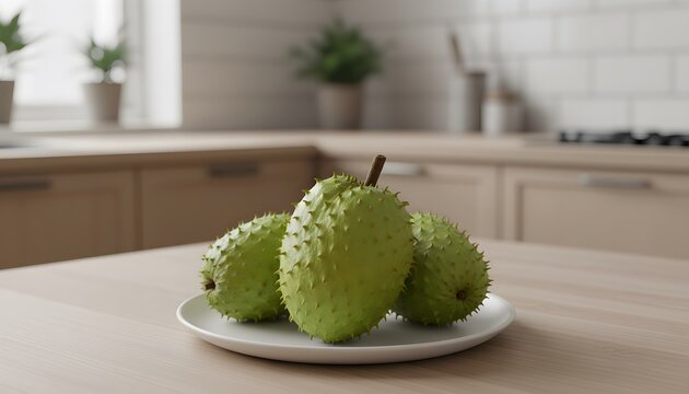 soursop fruit in a white plate on a Scandinavian style kitchen table.