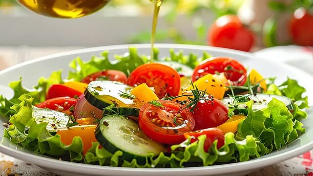 Golden olive oil pours over a fresh vegetable salad in a white bowl