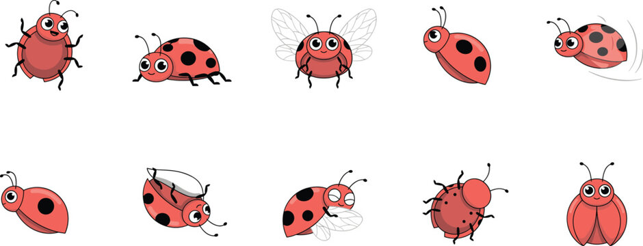 Cute ladybug cartoon mascot character vector illustration collection set featuring funny ladybird bugs with big eyes flying crawling and jumping isolated on white background