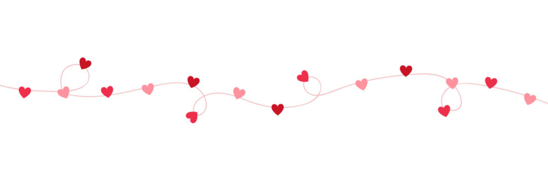 Paper pink heart string frame. Valentine day garland. Love background. Wedding banner. Happy Holiday decoration. Birthday party bg. Hanging confetti. 8 March card. Vector illustration