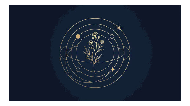 Celestial mystical flower vector, gold line art floral illustration with planets and stars, esoteric botanical emblem on dark blue background