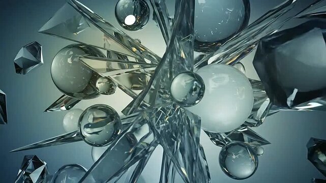 Abstract composition of sharp glass shards and clear spheres