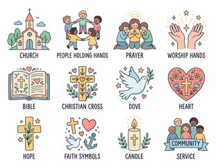 Obraz premium Church community vector icon set faith symbols