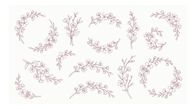 Minimalist cherry blossom line art collection, hand drawn floral wreaths and botanical branches, pink ink flower vector set for wedding stationery
