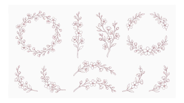 Elegant cherry blossom line art collection, pink floral wreaths and botanical branches vector set, delicate spring flower illustrations for wedding stationery