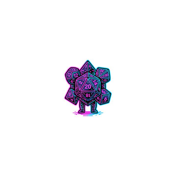 Cyberpunk Neon Mascot Composed Of Stacked Polyhedral Dice,D20, D12, D8, D6,In Vibrant Pink And Blue Glowing Colors, Futuristic Gaming Character Vector Illustration