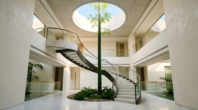 modern luxury villa interior with a curved staircase winding around a central bamboo tree under a circular skylight