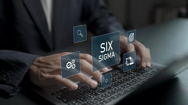 Six Sigma quality management concept. Person using laptop with analytics and process control icons, continuous improvement, efficiency enhancement and productivity management.
