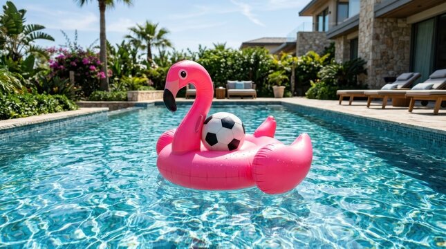 Inflatable pink flamingo pool float with a soccer ball in a sunny backyard
