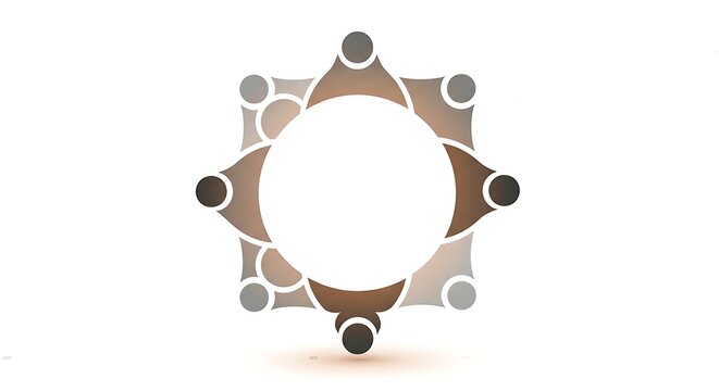Minimalist ring of simplified human figures in brown and gray around a center, symbolizing teamwork and connection.
