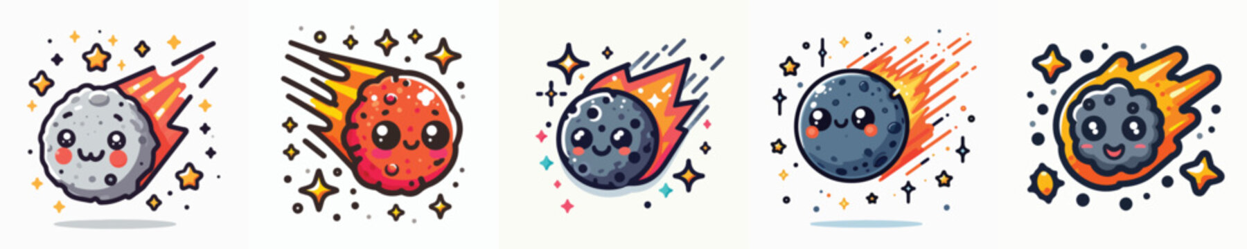 set of cute meteors in adorable style