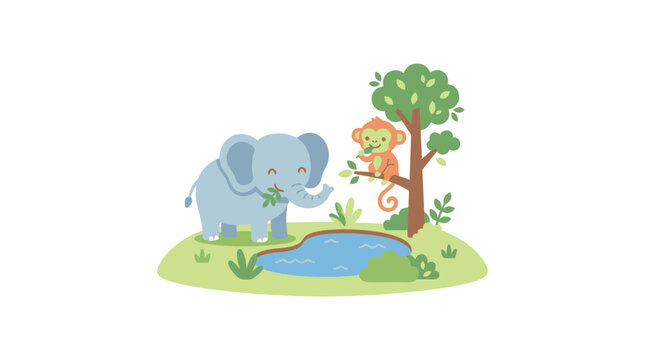 Cute cartoon elephant and monkey in a jungle scene with pond and tree