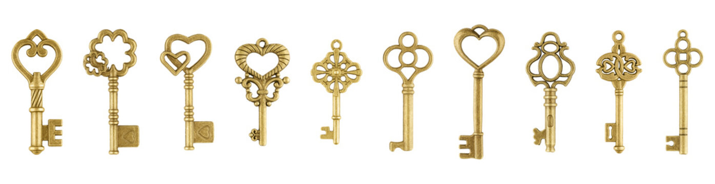 High quality template featuring thirty eight unique shapes of retro keys including hearts, crowns, clover and peace symbols. Versatile digital asset for website headers, book covers