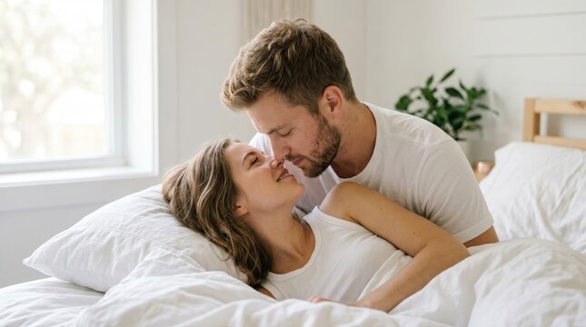 Young couple in love lying in bed together in a bright bedroom