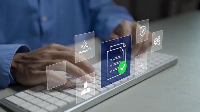 Digital compliance audit system concept. Person typing keyboard with document review and approval icons, audit monitoring, policy compliance and business risk management.
